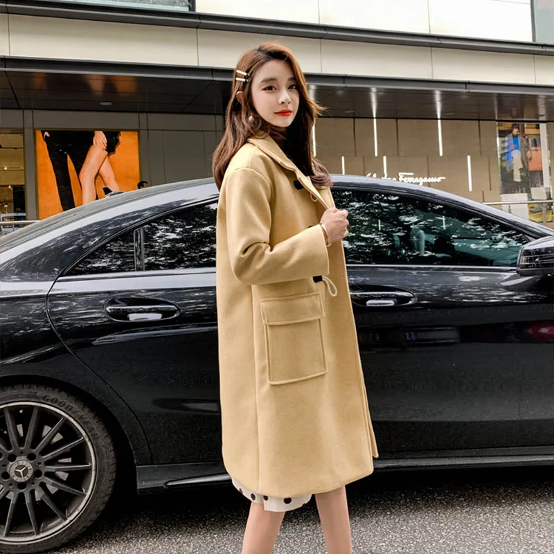 OLN 2019 New Fashionable Ox Horn Buckle Pure Color Long Style Woolen Coats Temperament Female High Quality Thick Overcoat 1698