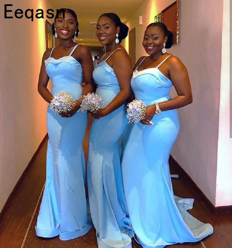 

African 2019 Sky Blue Spaghetti Straps Mermaid Bridesmaids Dresses Long Elastic Satin Wedding Guest Dresses Party Under 100