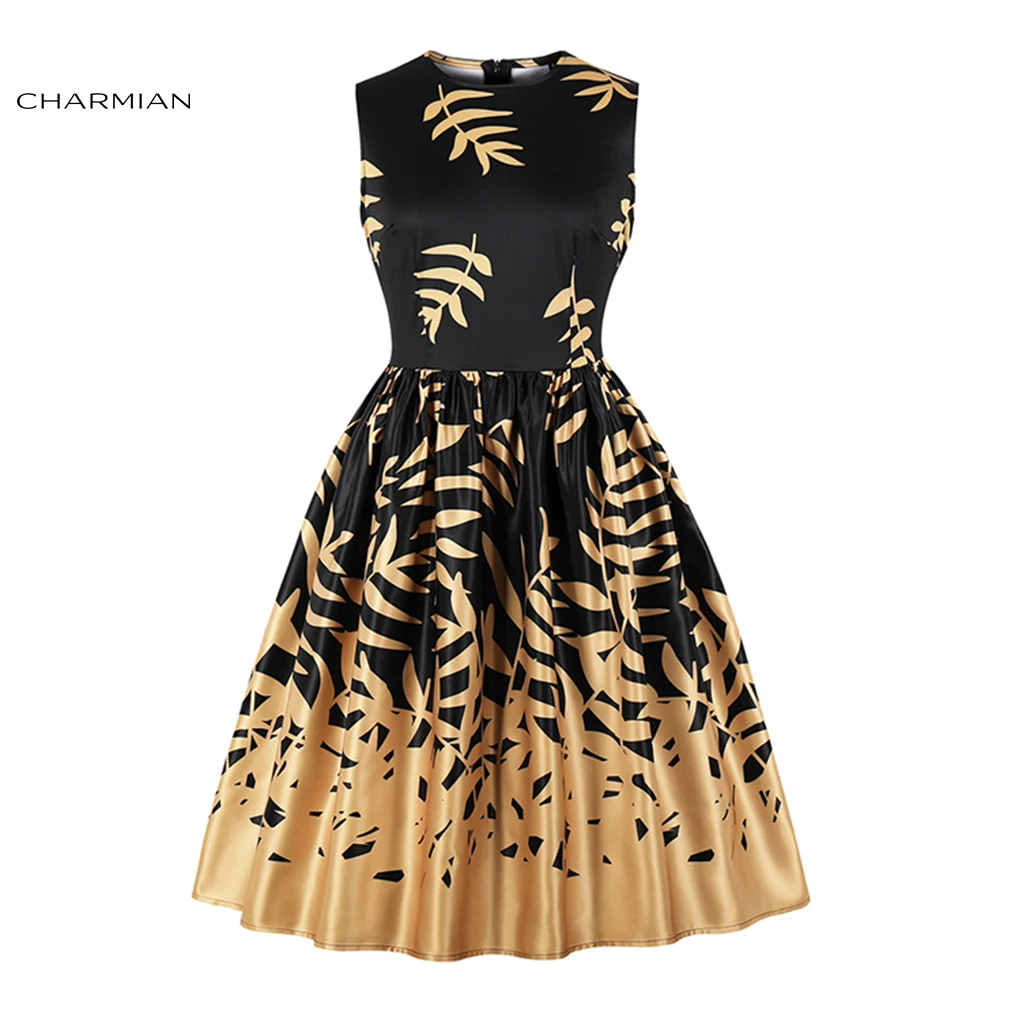 

Charmian Women's Vintage Midi Vintage Dress Black Gold Summer Sleeveless High Waist A line Dress Vestidos