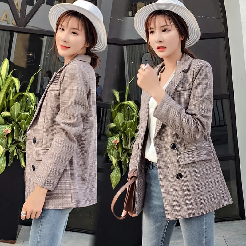 

Spring and autumn new style plaid casual small suit jacket was thin temperament OL commuter ladies long sleeve short suit jacket