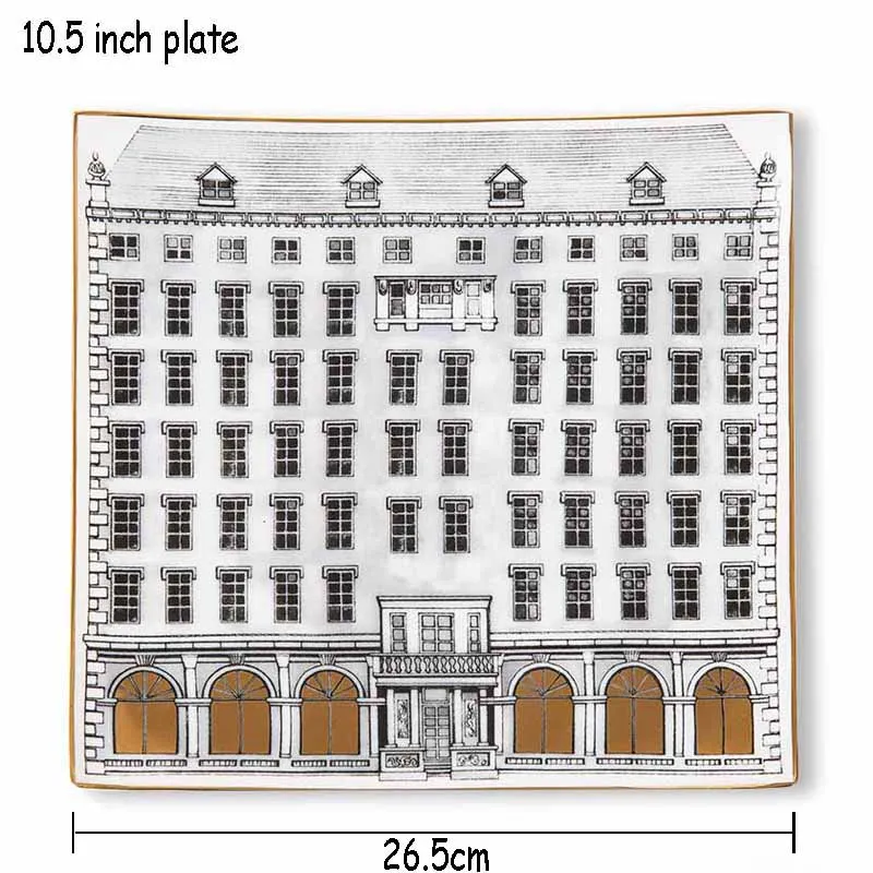 Костяной фарфор, Квадратная тарелка, кофейная чашка, блюдце, набор, ручная роспись, здание, послеобеденный чай, чашка, Бытовая Посуда, поднос для завтрака, Набор чашек - Цвет: 10.5 inch plate
