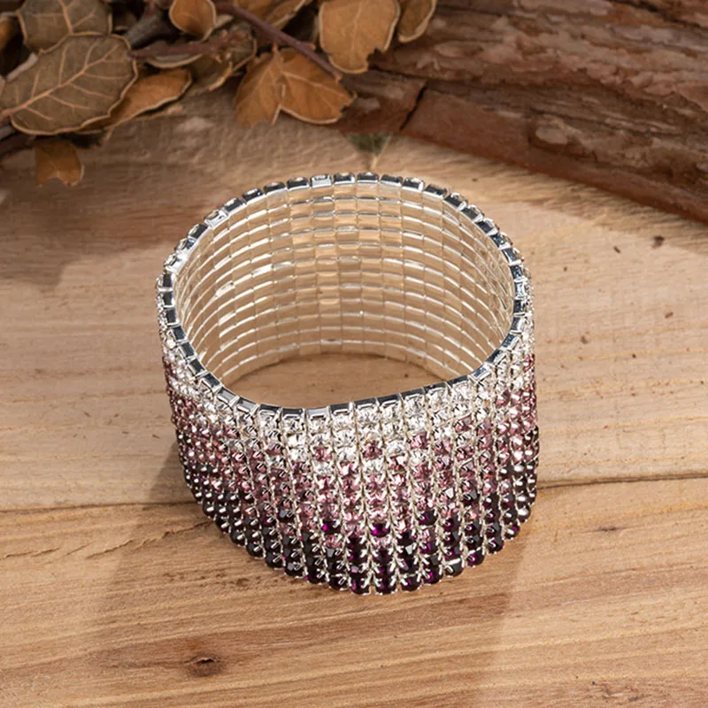 12 Rows Clear and Purple Crystal Rhinestone Bangle Bracelet Silver Plated Wedding Bridal Wide Crystal Stretch Bracelet for Women (1)