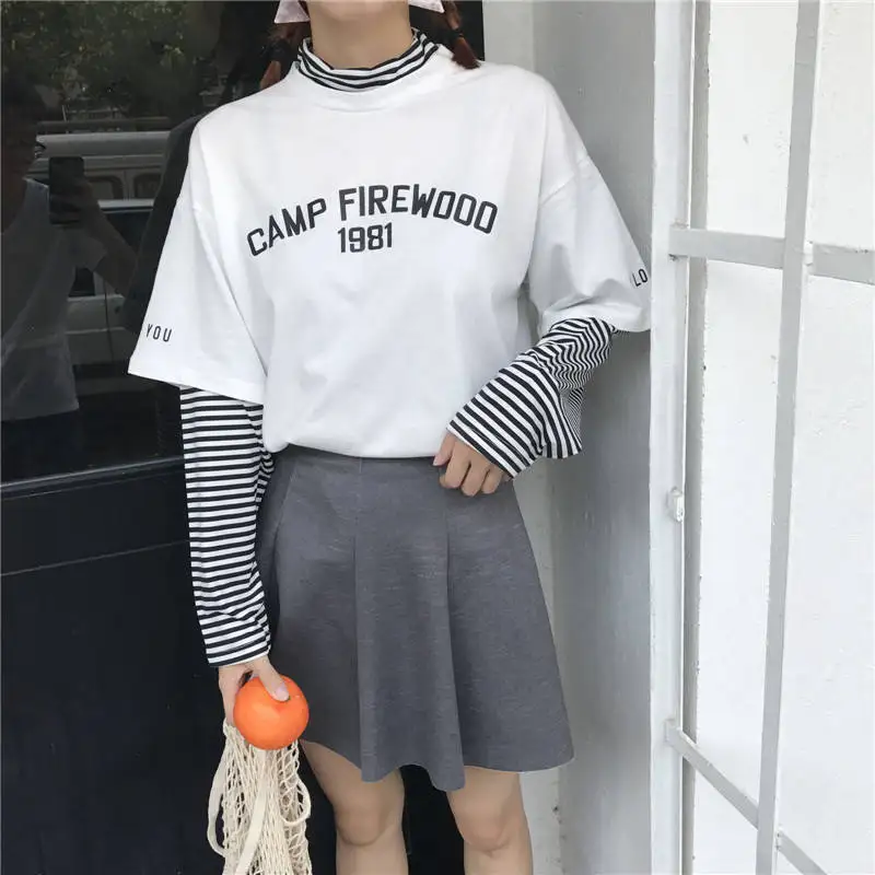  Autumn Casual Korea Fashion Hip Hop Stripe Turtleneck Hoodie Long Sleeve Vintage Pullovers Loose Ha
