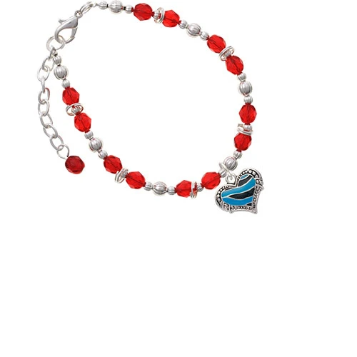 Silvertone Hot Blue Tiger Print Heart Red Beaded Bracelet
