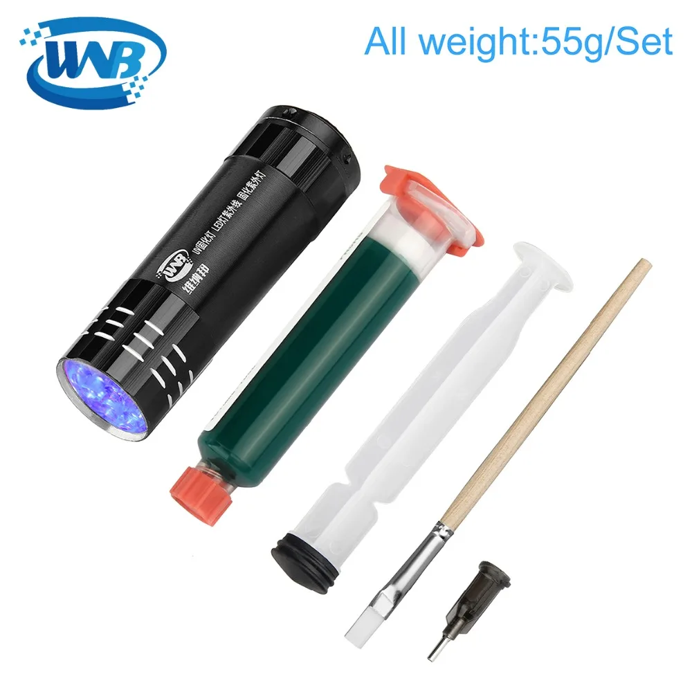 WNB 10ML Green Oil UV Solder Mask BGA PCB Paint Prevent Corrosive Arcing Soldering Paste Flux Inks Soft Nylon Brush 9 LED Light