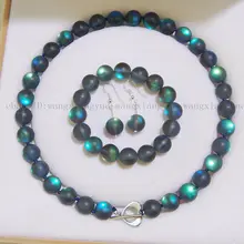 8 мм серый блестящий Радужный Лунный Камень Круглый бисер ожерелье+ браслет+ серьги комплект ювелирных изделий