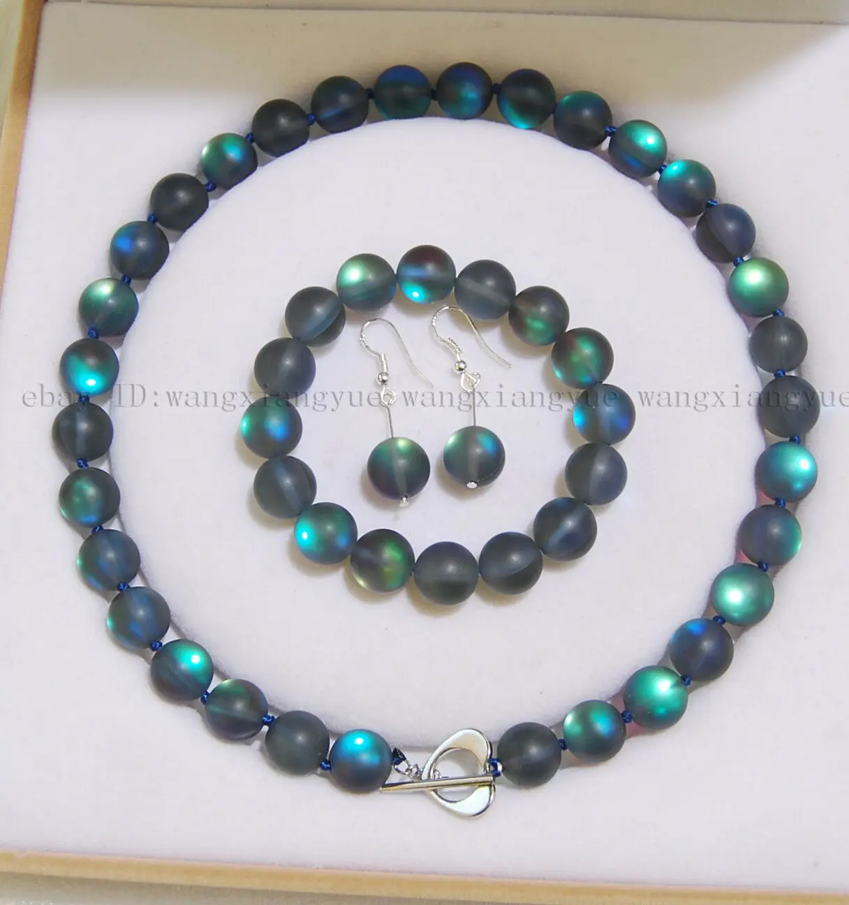 

8mm Gray Gleamy Rainbow Moonstone Round Beads Necklace + Bracelet + Earrings Set Jewelry