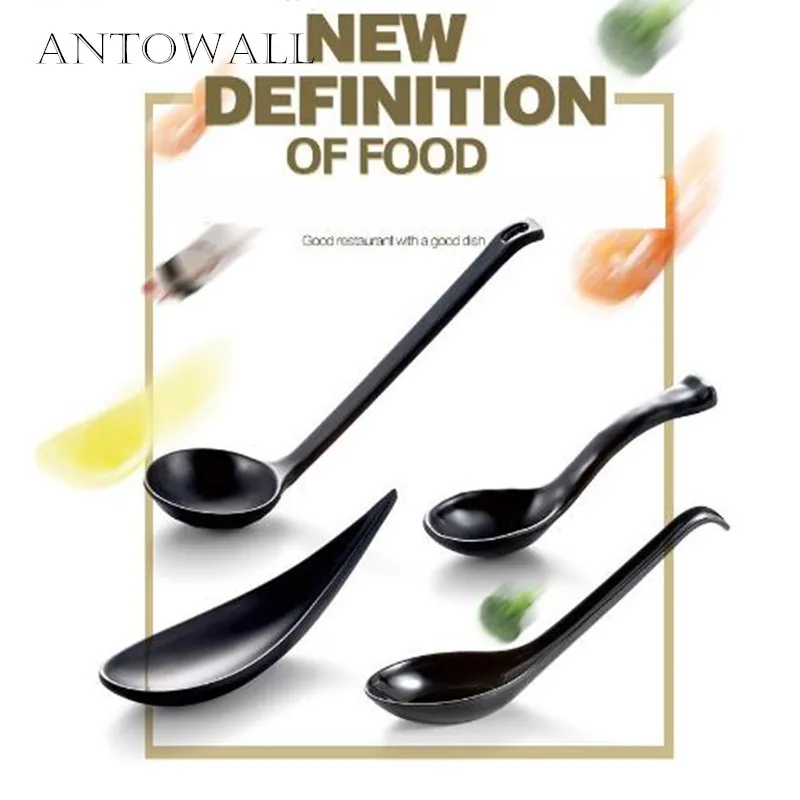 

ANTOWALL High quality imitation porcelain plastic spoon melamine black color soup bowl spoon