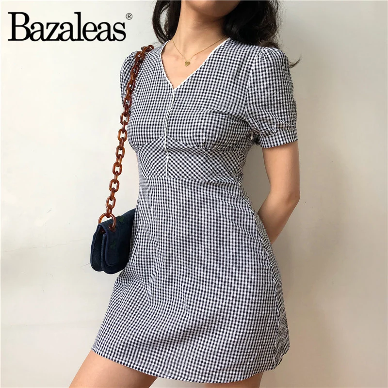 

Bazaleas Vintage Slim Vestidos Tartan Black Mini women Dresses Casual Dress Fashion Plaid Women Dress drop shipping