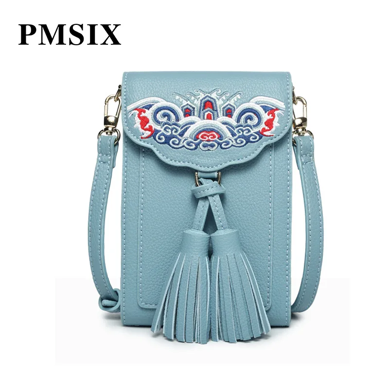 

PMSIX Women Small Bucket Bag Tassel Embroidery Flowers Ladies Shoulder bag Casual PU Crossbody bags Designer Handbags