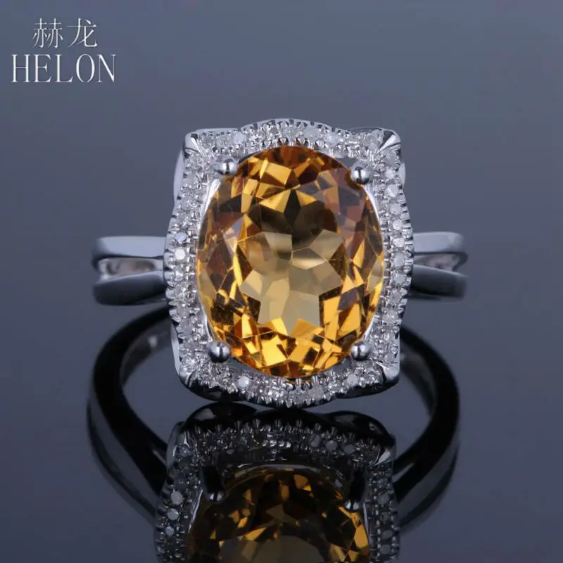 

HELON Solid 10K White Gold Oval 10x12mm 4.8ct Citrine Pave 0.15ct Diamond Engagement Wedding Ring Fashion Beautiful Women's Ring