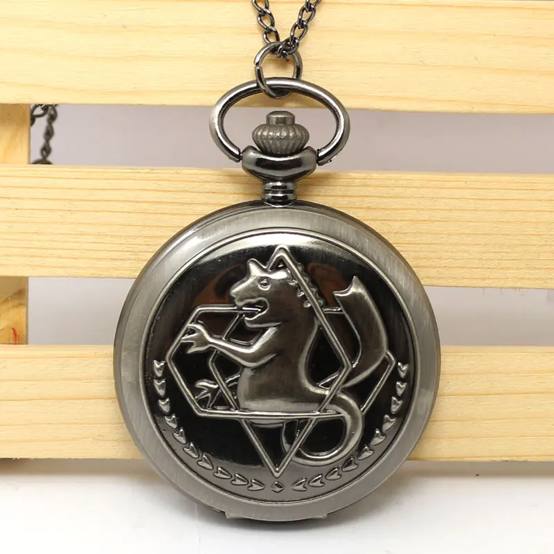 

Hot Japanese Animation Fullmetal Alchemist Theme Black Smooth Quartz Pendant Pocket Watch With Necklace Chain For Children Kids
