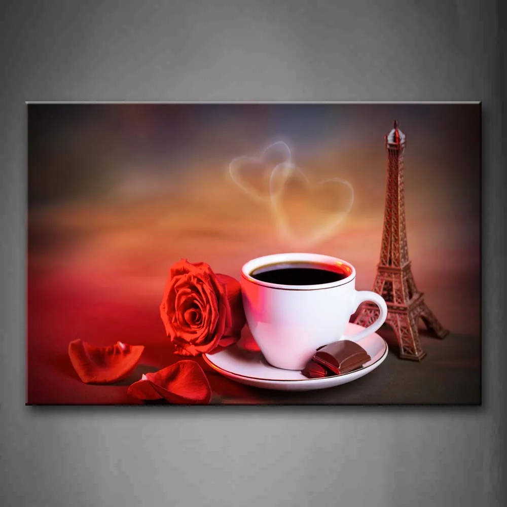 

Framed Wall Art Pictures Coffee Cup Rose Eiffel Tower Canvas Print Food Modern Posters With Wooden Frame For Living Room