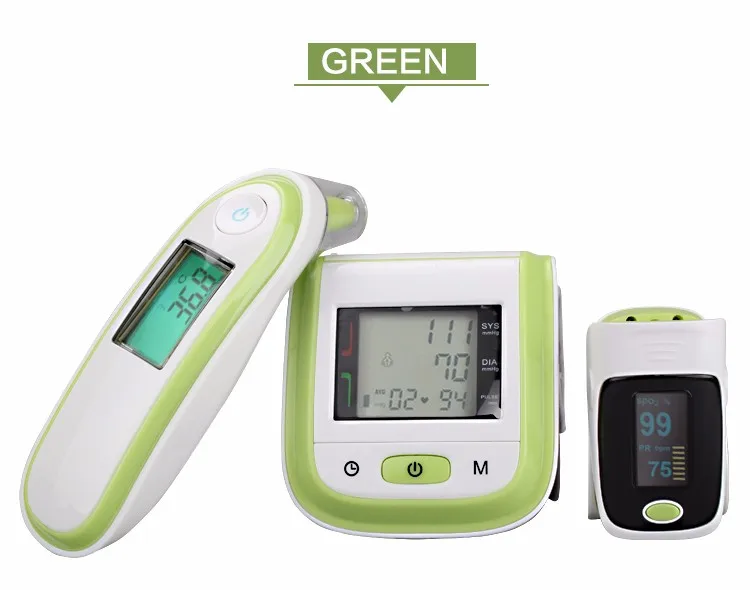 Тонометр для измерения артериального давления, Пульсоксиметр для пальцев, инфракрасный термометр для ушей, Сфигмоманометр для измерения артериального давления - Цвет: Green