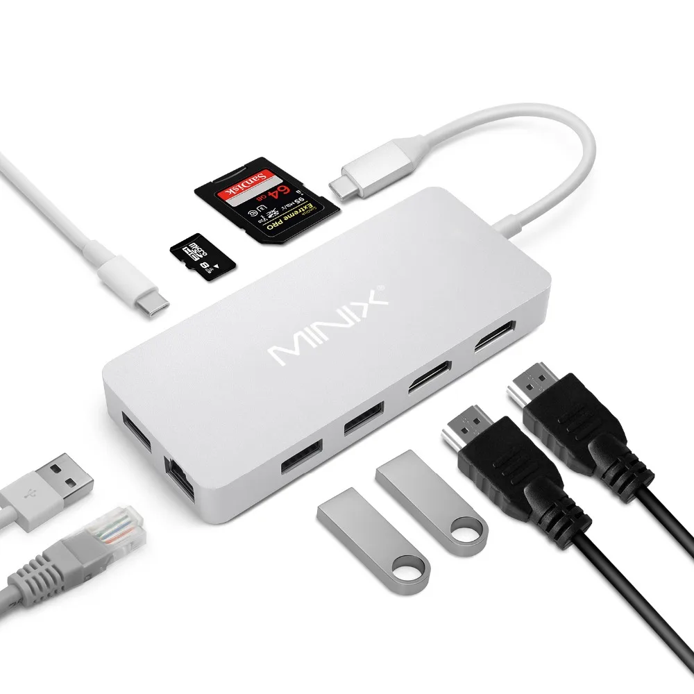 MINIX USB-C концентратор многопортовый адаптер с двойным HDMI выходом 4K адаптер 3 USB 3,0 Gigabit Ethernet USB-C Зарядка для Apple MacBook