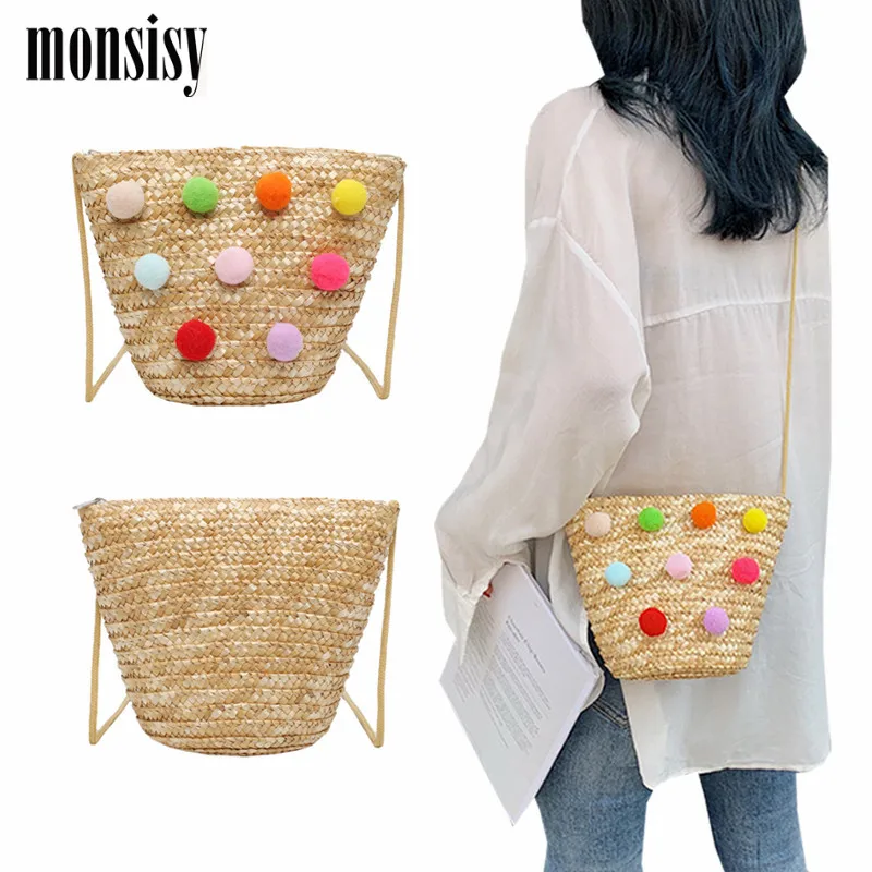 

Monsisy Straw Bag for Women 2019 Girl Rattan Shoulder Bag Children Handbag Kawaii Summer Colorful Ball Women Kid Straw Beach Bag
