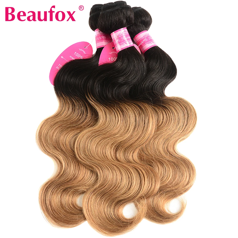 Beaufox Ombre бразильские волосы объемной волны 3 Связки русый натуральные волосы Weave 2 Tone 1B/27 Ombre волос Номера -remy