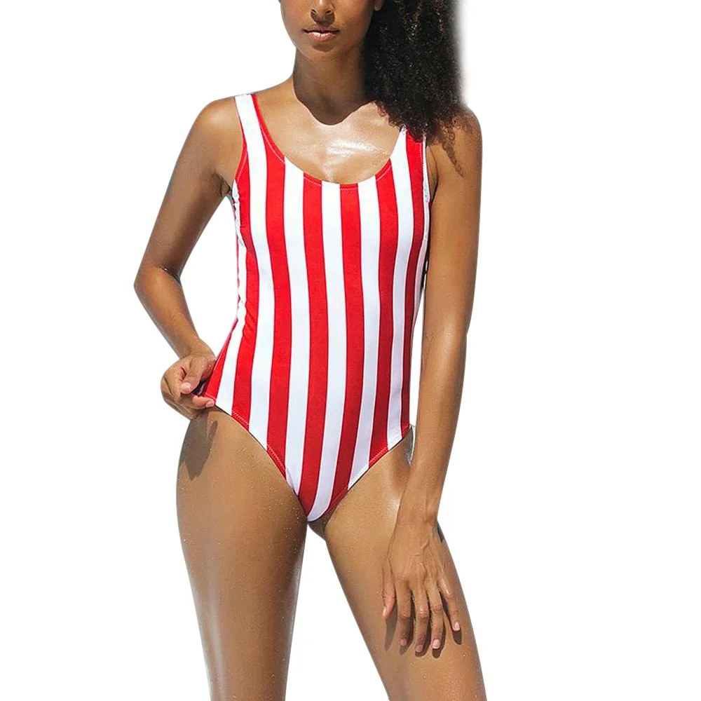 Women Monokini One Piece Swimsuit Red Striped Swimwear Padded Swimsuit