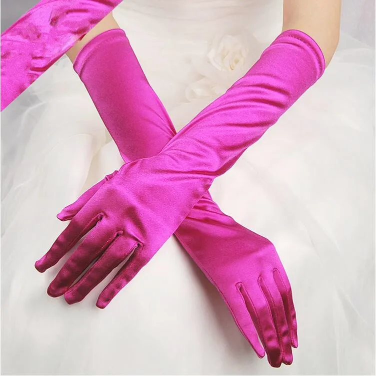 Сатиновые длинные перчатки для защиты от солнца на палец, опера, для вечеринки, для выпускного, костюм, модные перчатки, черные, красные, белые, фиолетовые, розовые, женские - Цвет: Розово-красный