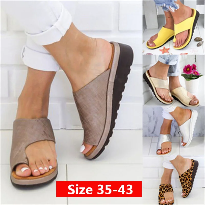 

Large size 35-43 Leather Platform Sandals Women flip flops 2019 Summer soft Peep Toe Beach Toe Casual Flat Sandals