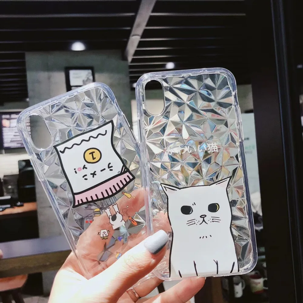 ZMASI Geometric Diamond Clear Phone Case for iPhone X 6 6S 7 8 Plus Cute White Cat Rhombus Series Cover Coque |