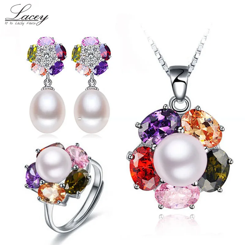 

Bridal natural freshwater pearl set jewelry,silver plated pearl sets for women pearl jewelry earrings pendant ring girl gifts