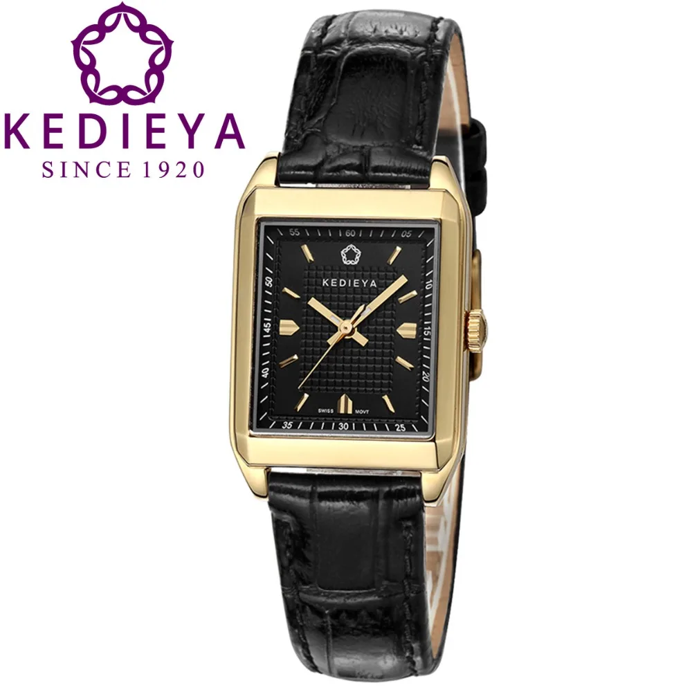 KEDIEYA Vintage Gold Plated Switzerland Ronda Quartz Watch Rectangle Genuine Leather Waterproof Womens Dress Watches