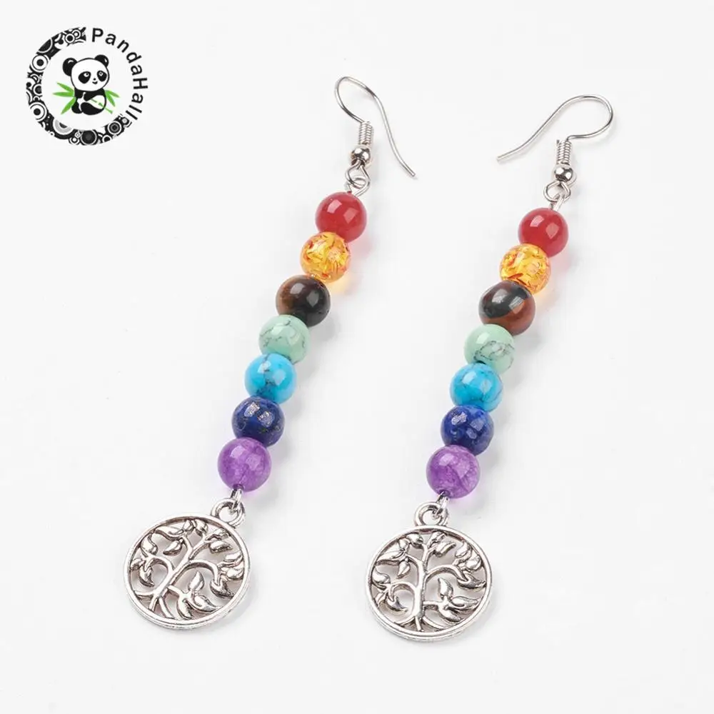 Colorful Stone Chakra Dangle Earrings with Brass Earring Hooks and