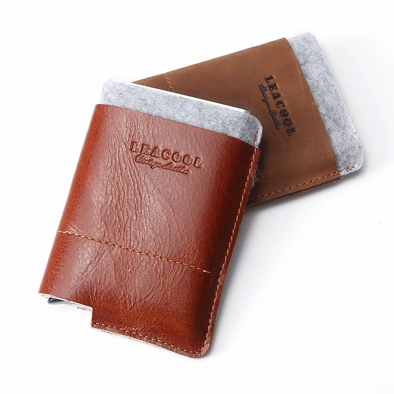 LEACOOL блокирующий RFID алюминиевый кредитный держатель для карт для мужчин и женщин, одна коробка из натуральной кожи, винтажный Мини Тонкий безопасный кошелек, кошелек, чехол