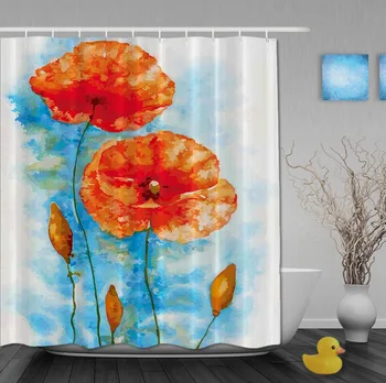 

Custom Red Flowers Blooming Together In Beautiful Spring Day Shower Curtains Waterproof Fabric With Hooks Bathroom Curtain