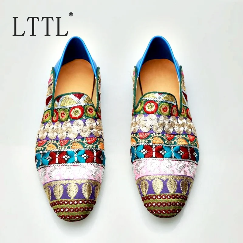 

LTTL New Arrival Mixed-color Patchwork Embroidered Loafers Handmade Glitter Men Slippers Loafer Fashion Summer Shoes Men Flats