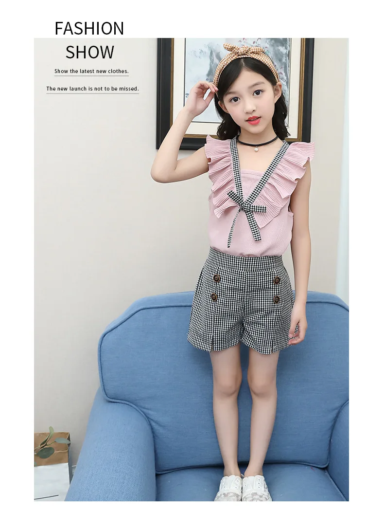 Casual Teen Girls Clothes 2019 New Summer Children Clothing Set Ruffles Tops Plaid Shorts 2Pcs Kids Suit For Girls Outfits 3-14Y (10)