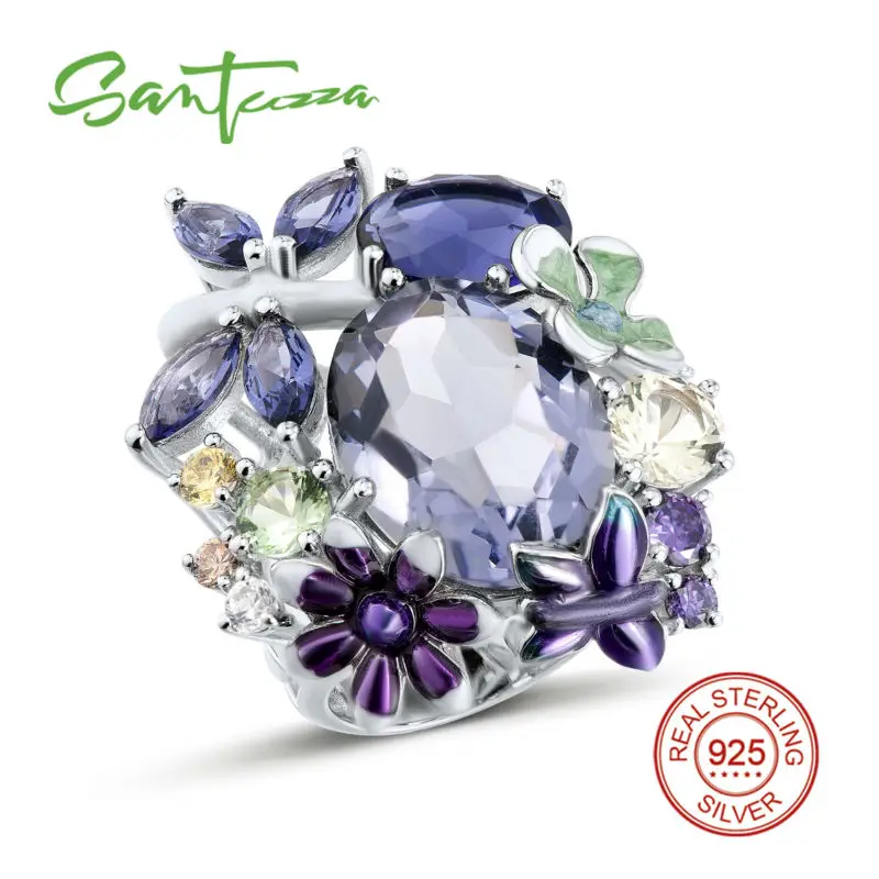 Женское серебряное кольцо SANTUZZA из чистого 925 пробы серебра, великолепное массивное изумительное фиолетовое кольцо, модное ювелирное изделие ручной работы с эмалью