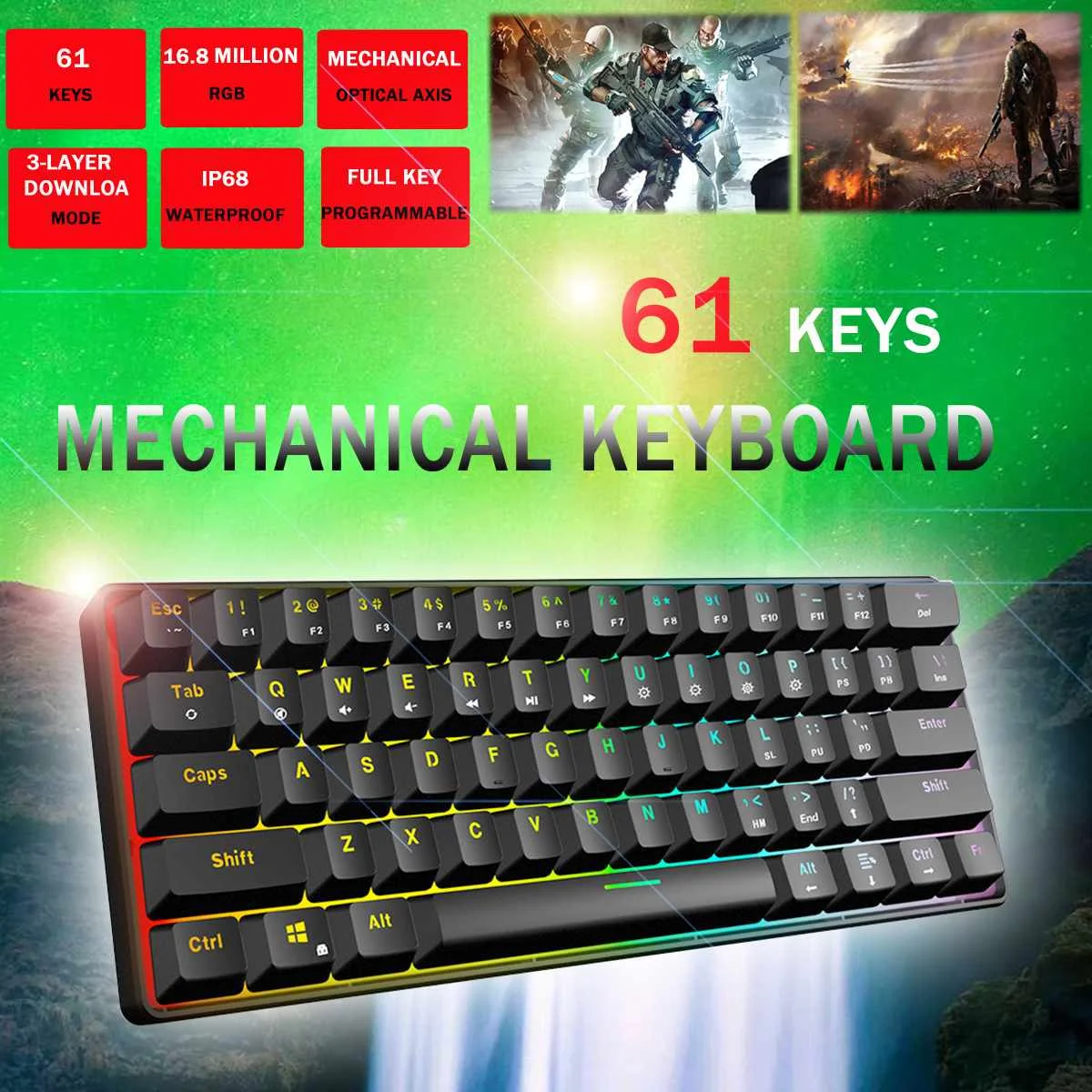 

Gateron Switch RGB Game Mechanical Keyboard Optical Axis Can Be Inserted Cable Mechanical Axis 61 key games USB Type-c