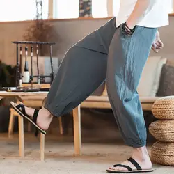Высококачественное мужское хлопковое белье, брюки 2019 года, летние однотонные свободные брюки с завязками по щиколотку и карманами, большие