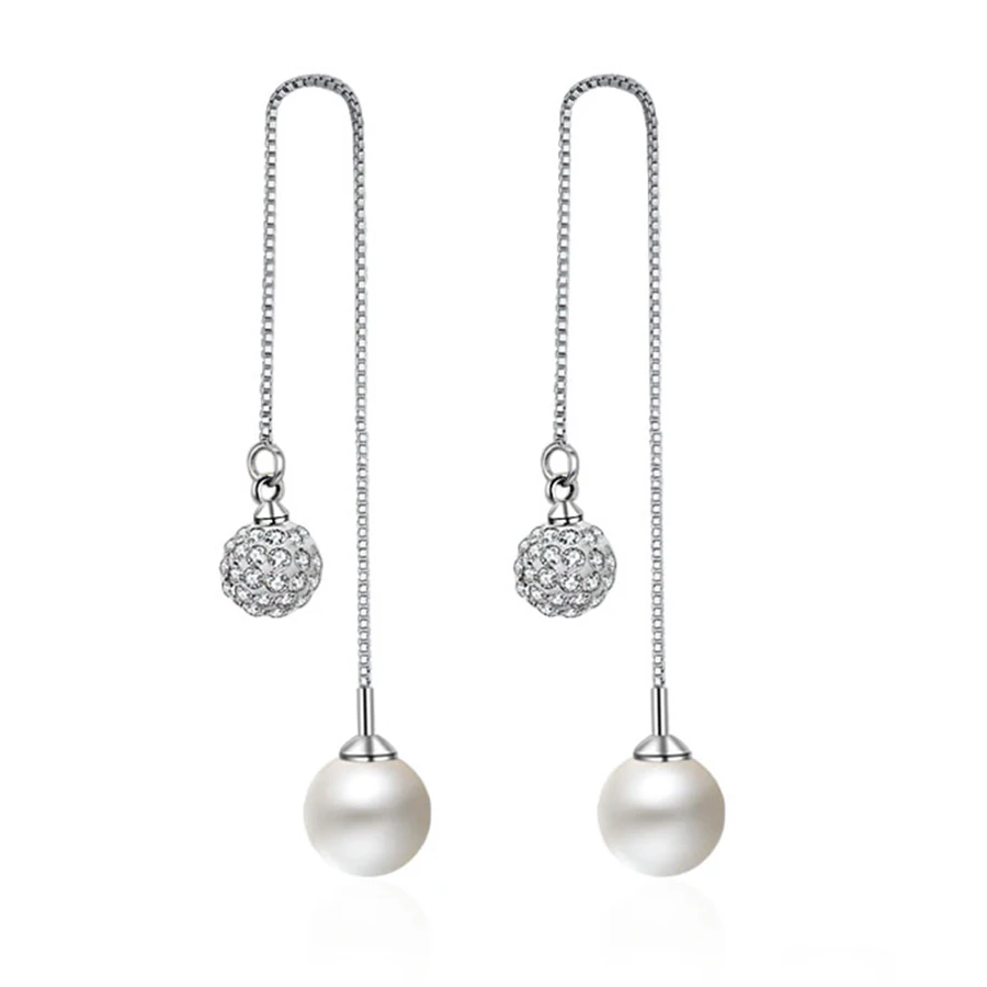 

925 Sterling Silver Crystal Ball Girls Earring Prevent Allergy Long Line Slim Face Luxury Earrings For Women Wedding Jewelry