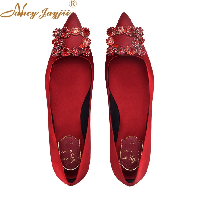 

Woman Shoes Flats Flower Strass Buckle Ballerinas in Silk Satin String Bead Genuine Leather Top Brand Red Casual 2019 Wedding