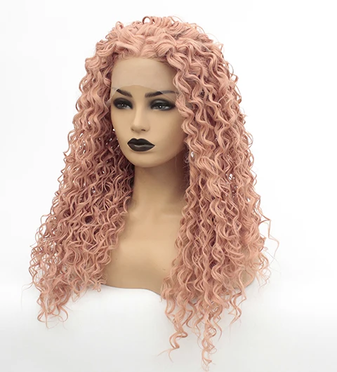 Rose Gold Lace Front Wig Synthetic Heat Resistent Middle Parting Loose Curl Wigs for Women Light Beige Brown Lace-13
