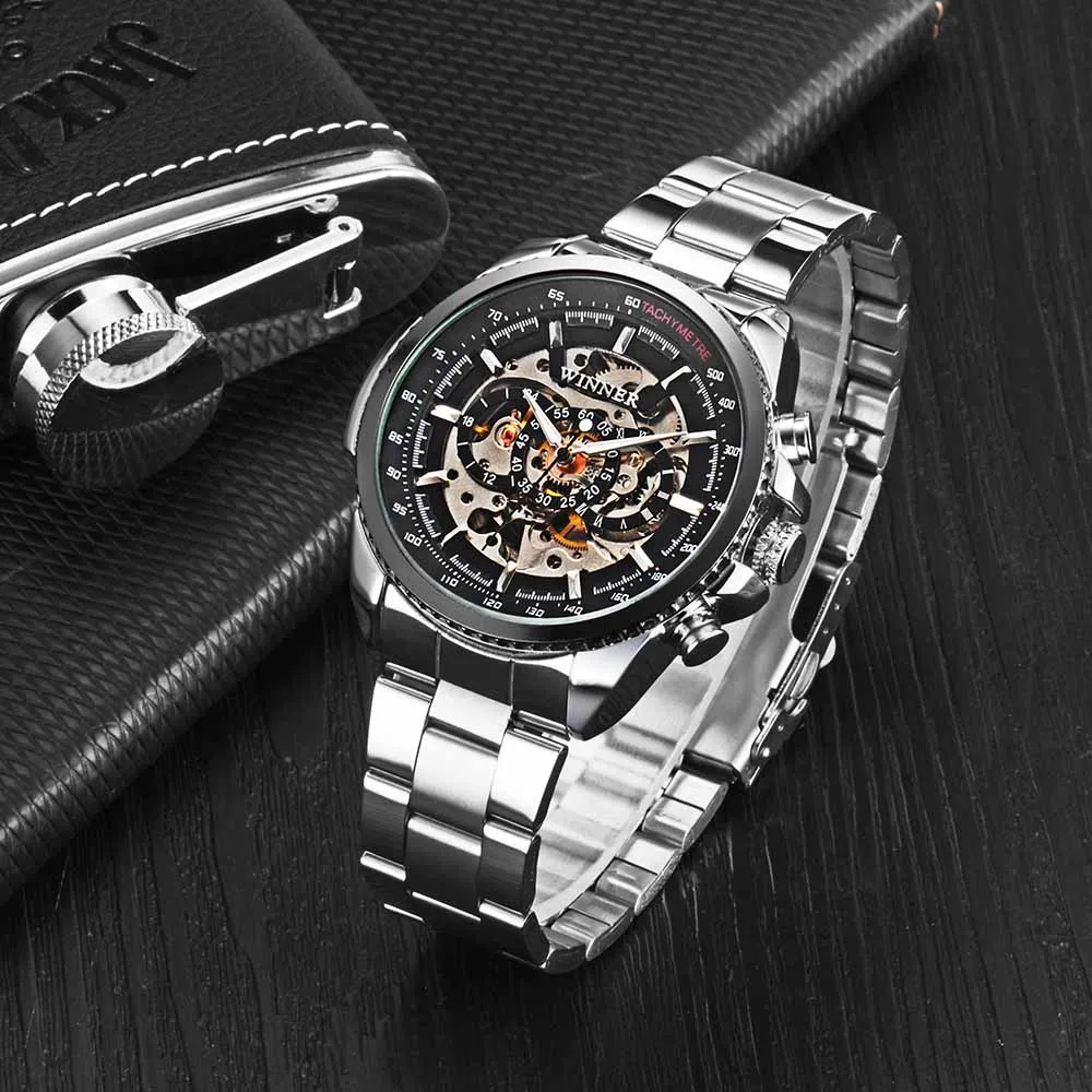 

WINNER TM428 men's mechanical watch Hollowed-out Semi Automatic Watches men clock Business Luxury Hand-winding sport Wrist watch