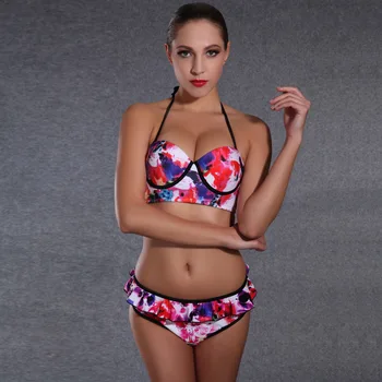 

2018 Sexy Brazilian Bikini Women Swimsuit Bandeau Floral Print Swimwear Push Up Bikini Set Top low waist Bathing Suit Biquini
