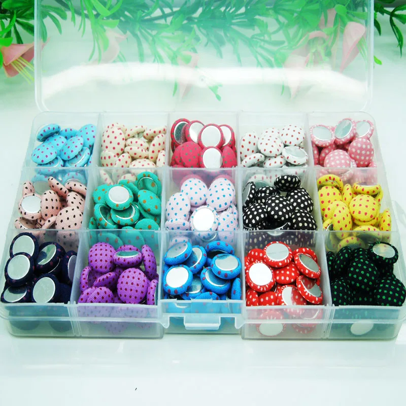 

300pcs/lot, 15 colors mixed Polka-dot Printing Fabric Covered Chunky Round Button FlatBack Sewing Scrapbooking Crafts 12.5mm