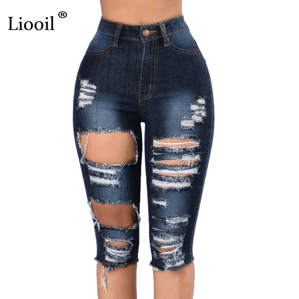 

Liooil Women Ripped Jeans Knee Length Hollow Out Pockets Washed Vintage Jeans Women Summer Hole Cotton Skinny Boyfriend Jeans