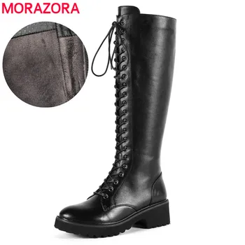 

MORAZORA Wholesale price genuine leather boots women lace up square heel winter knee high boots ladies dress motorcycle boots