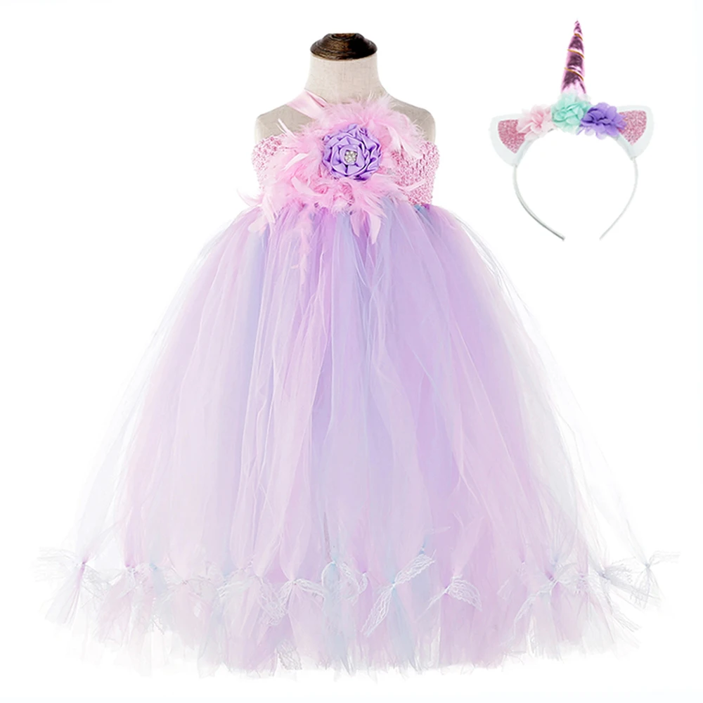 

Princess Girls Feather Unicorn Birthday Dress Lace Sleeveless Long Evening Dress with Lace Bowknot Kids Clothes Girls 8 to 12 14