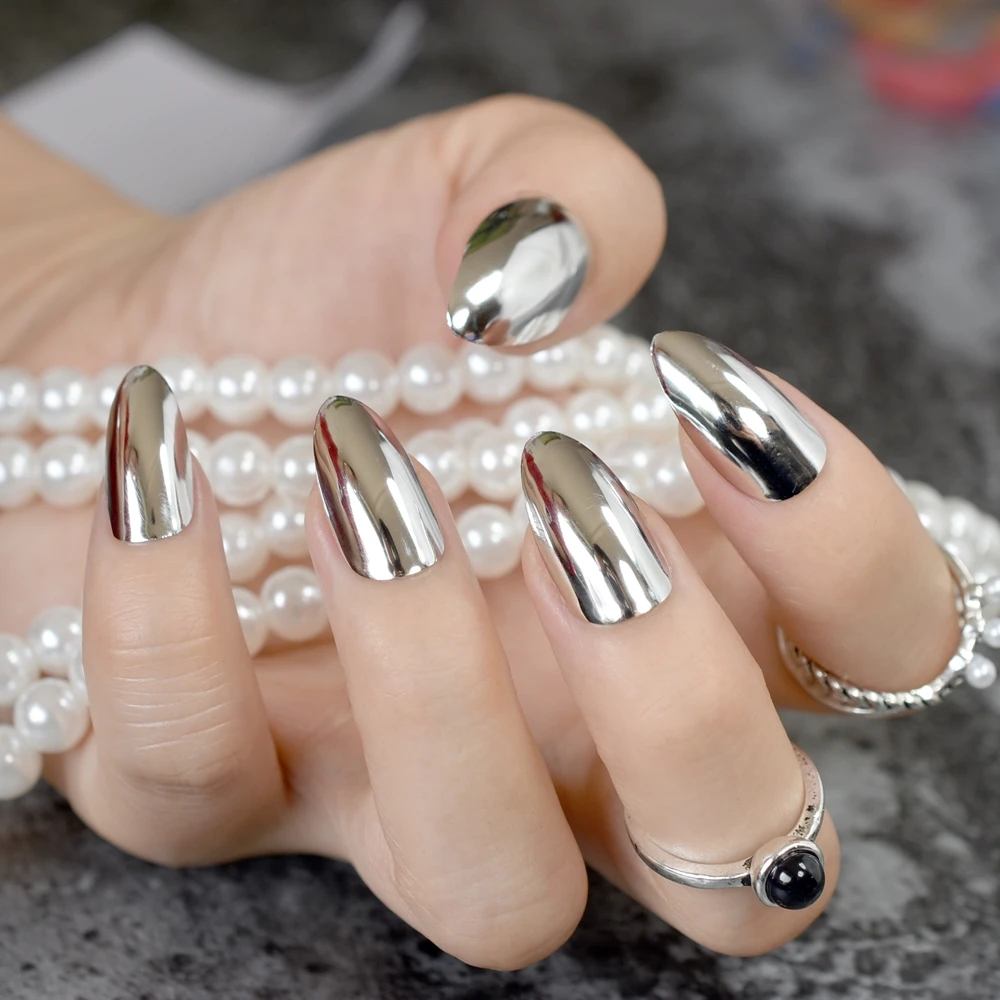 24pcs Silver Metallic Stiletto Nails Medium Full Cover Sharp Mirror