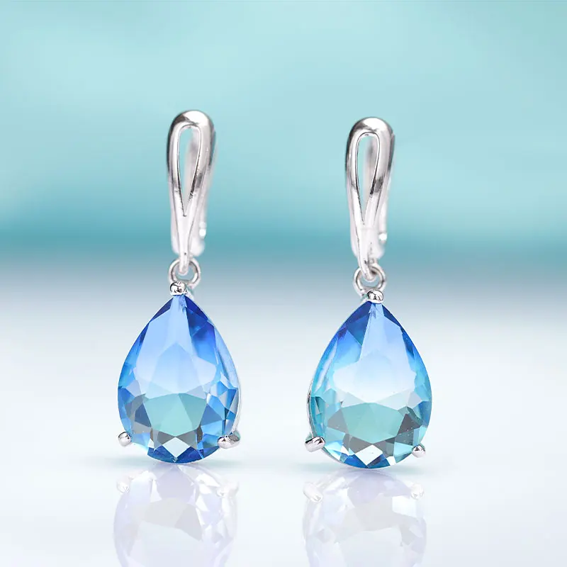 MAIKALE New Water Drop Gradient Blue Long Earrings Women Fashion Rose Gold Fine Jewelry Tourmaline Zircon Glass Dangle Earrings