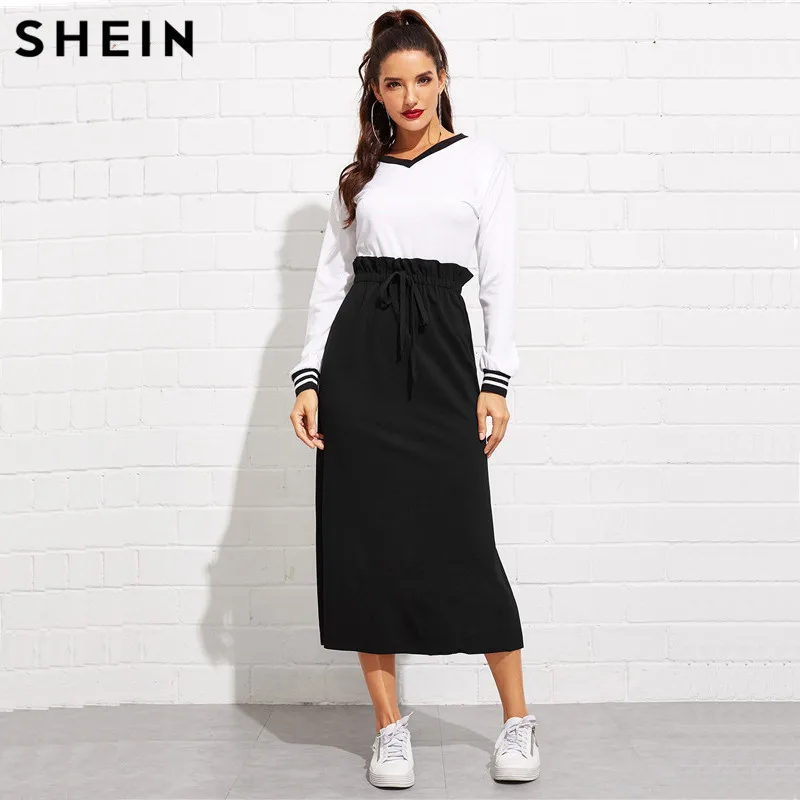 SHEIN Женская Демисезонная Черная Повседневная Миди-Юбка С Эластичной Талией И Поясом Юбки С Высокой Талией