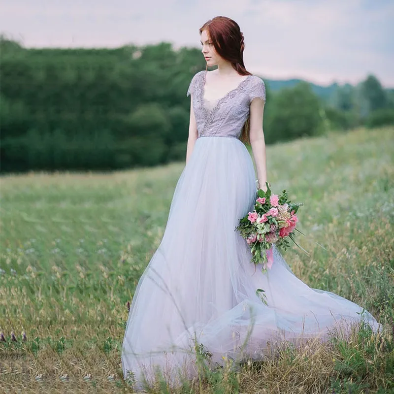 Fashion Long Bohemian Wedding Dresses 2016 V Neck Short Sleeves