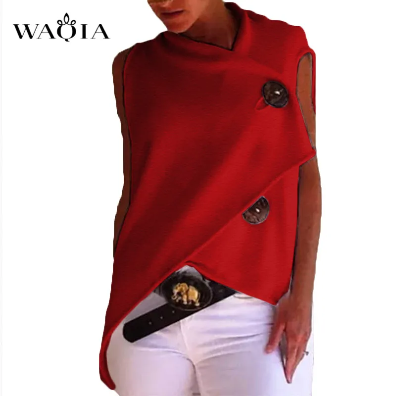 

WAQIA Women's Casual Cotton Irregular Buttons Down Shirt Top Black White Red Sleeveless Female Blouse 2019 Summer Shirts Tops
