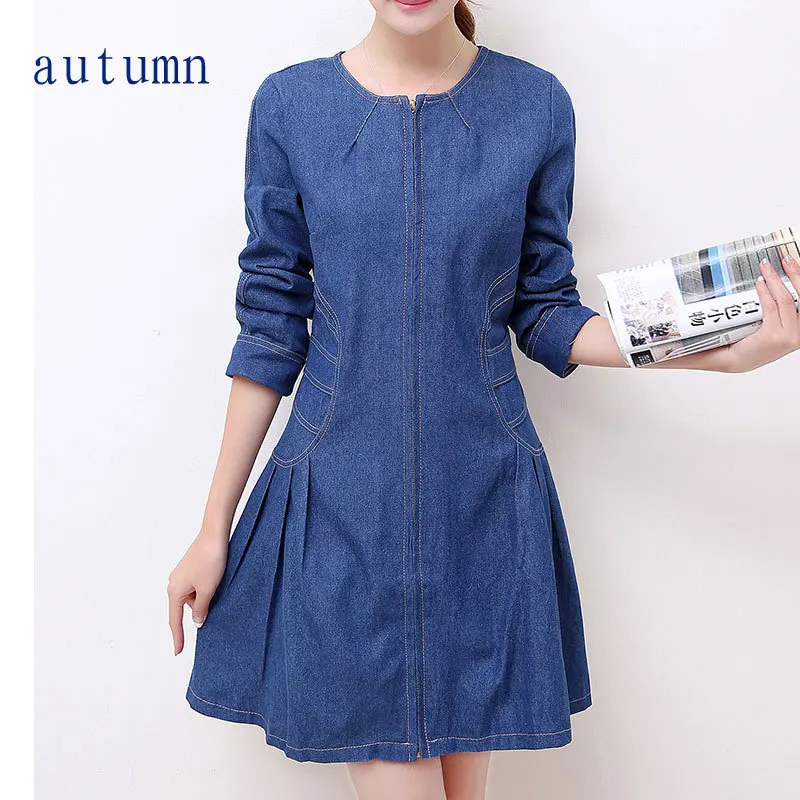 2015 Autumn New Arrival Womens plus size denim dresses Solid Blue Dress